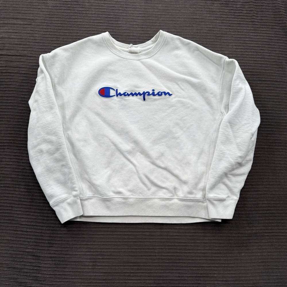 Champion Reverse Weave Sweatshirt Women XL White Cotton Pullover Crewneck Gym.